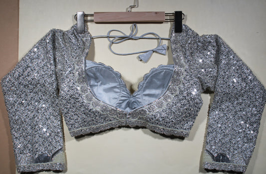 Silver Nude Hand-Embroidered Blouse with Delicate Sequin Borders