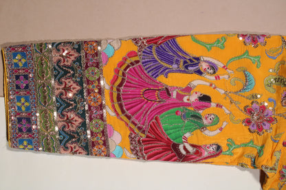 Mustard Yellow Silk Saree Blouse with Traditional Garba Dancer Embroidered Sleeves