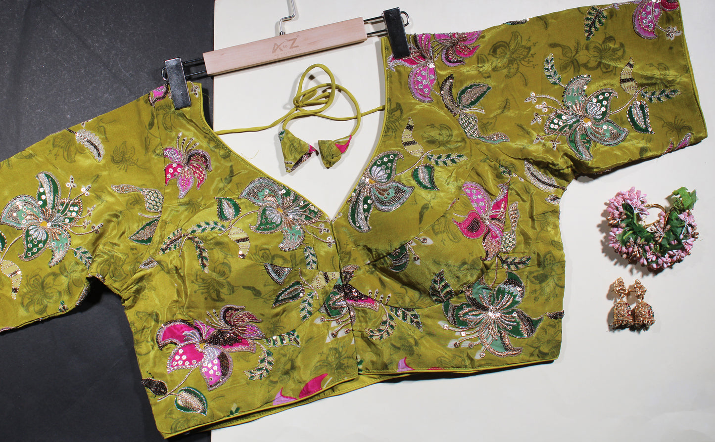 Green Velvet Hand-Embroidered Blouse with Dori Tie-Back
