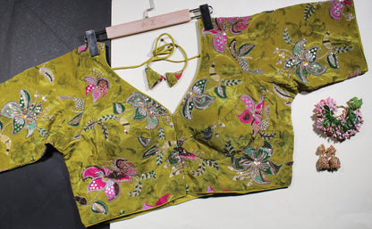 Green Velvet Hand-Embroidered Blouse with Dori Tie-Back