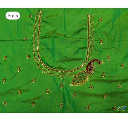 Dark Parrot Green Silk Blouse Piece With Aari Work