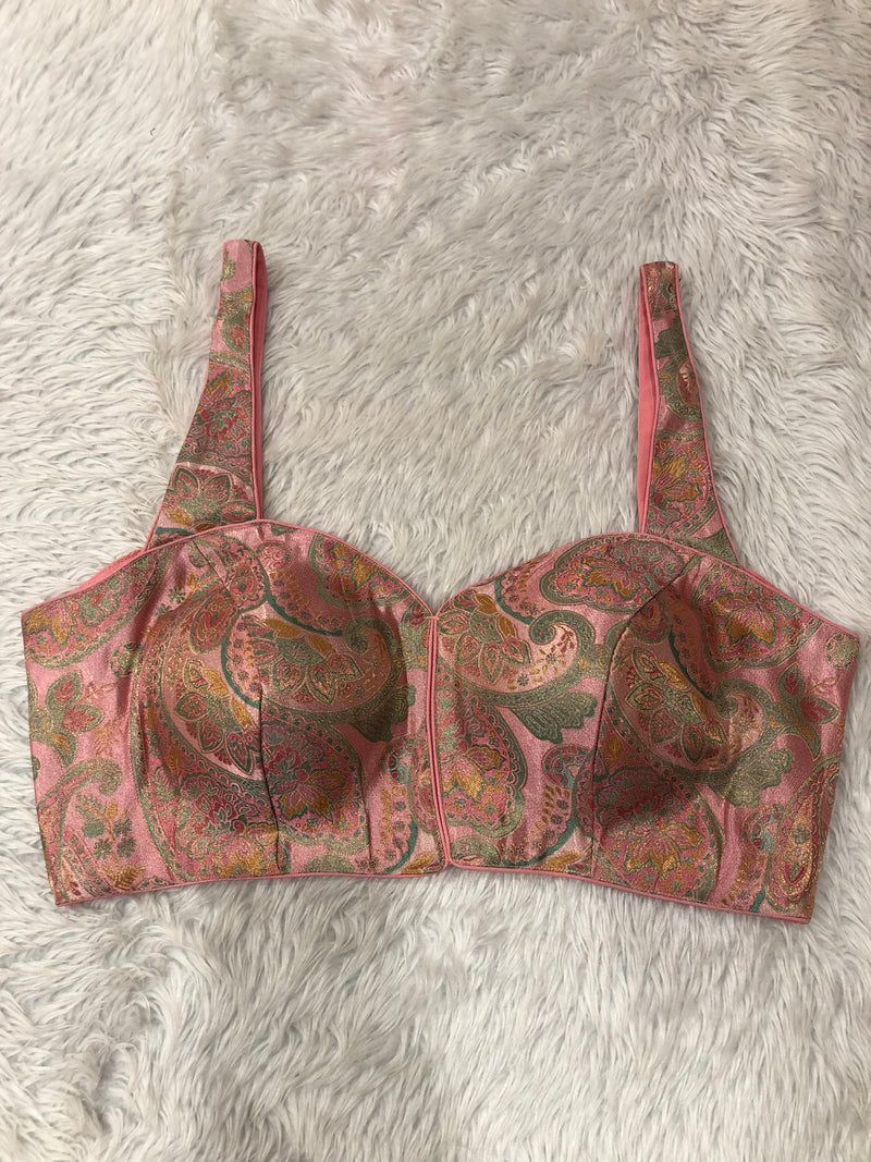 Baby Pink Floral Paisley Sleeveless Saree Blouse