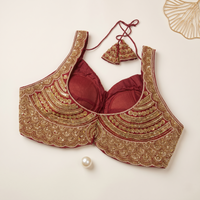 Royal Maroon Scalloped Sweetheart Neck Blouse with Tassel Tie-Up
