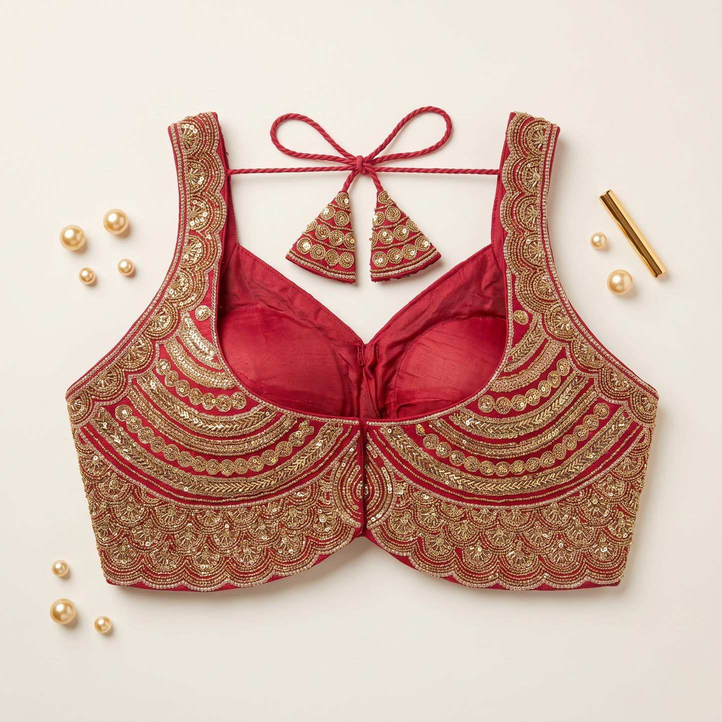 Rani Scalloped Sweetheart Neck Blouse with Tassel Tie-Up