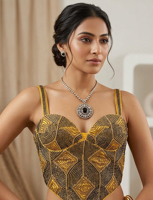 Yellow & Black Geometric Beaded Designer Corset Blouse