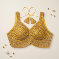 Yellow Scalloped Sweetheart Neck Blouse with Tassel Tie-Up