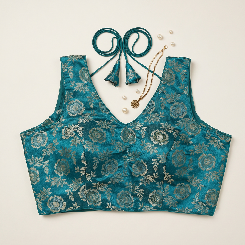 Rama Green Floral Jacquard Brocade Saree Blouse