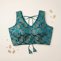 Rama Green Floral Jacquard Brocade Saree Blouse