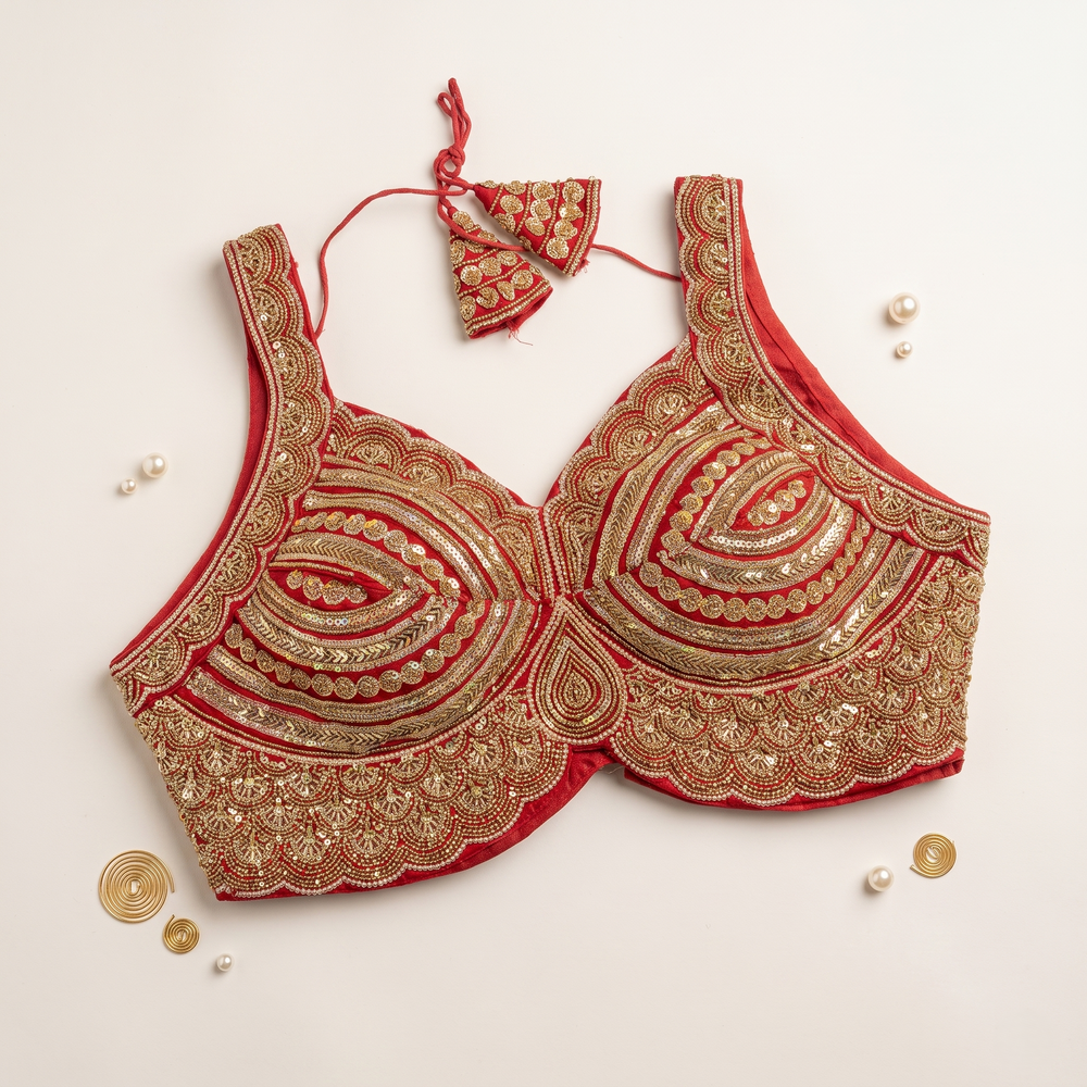 Red Scalloped Sweetheart Neck Blouse with Tassel Tie-Up