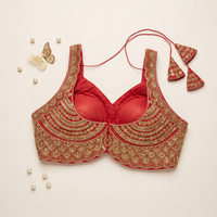 Red Scalloped Sweetheart Neck Blouse with Tassel Tie-Up