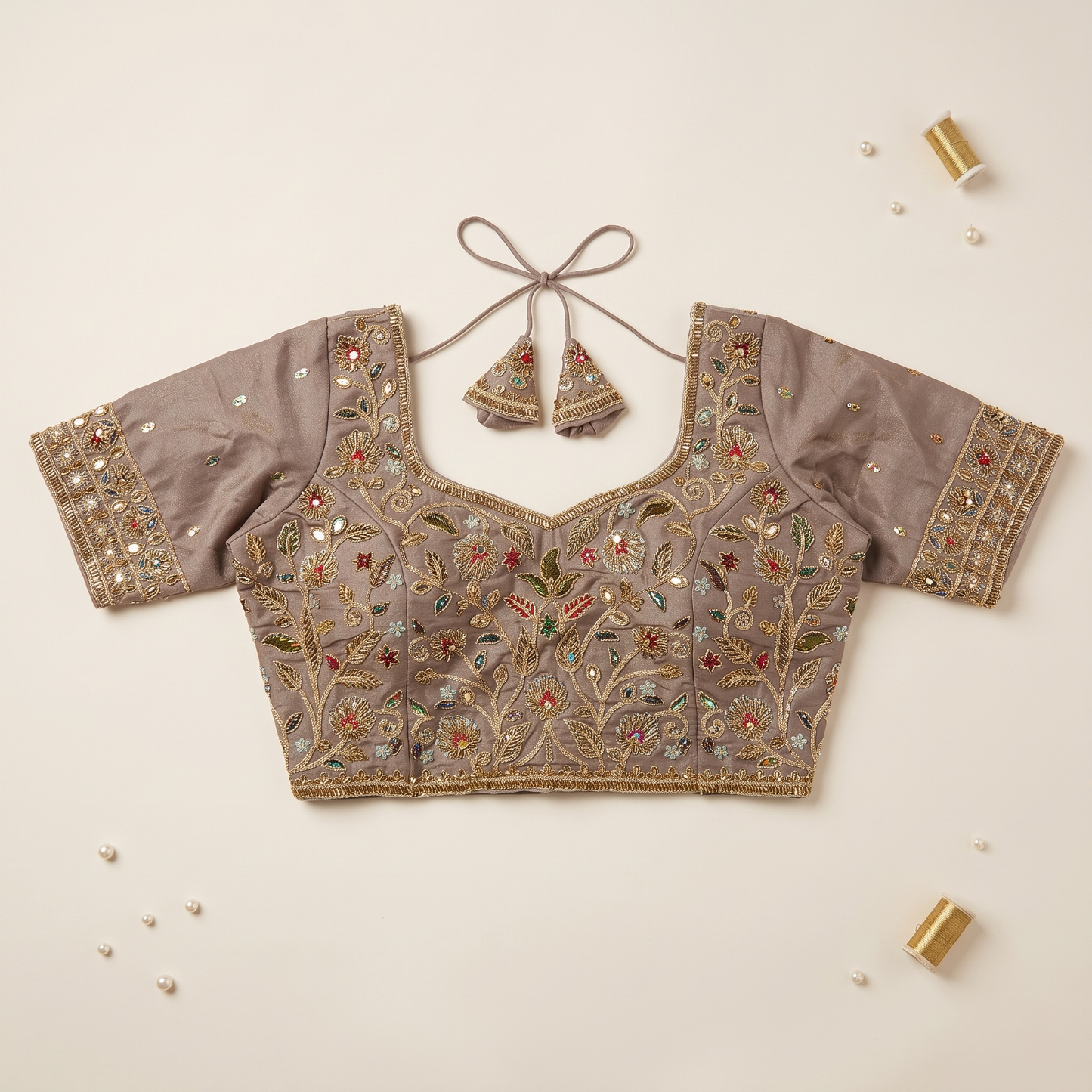 Multicolor Botanical Threadwork & Zari Embroidered Lehenga Blouse in Ash Taupe
