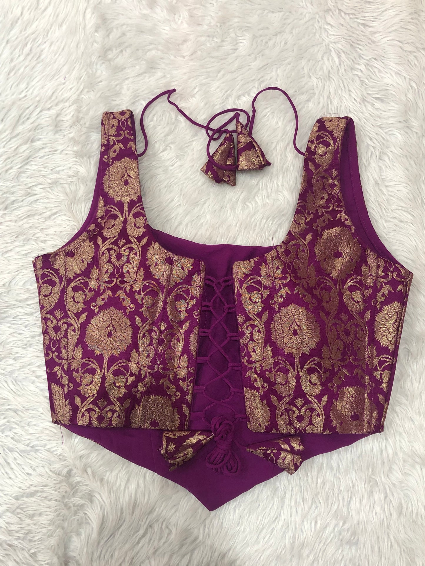 Purple Jacquard Crop Blouse with Dori Details