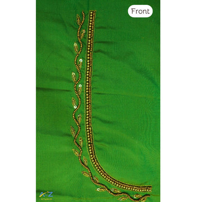 Dark Parrot Green Silk Blouse Piece With Aari Work