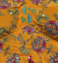 Mustard Yellow Silk Saree Blouse with Traditional Garba Dancer Embroidered Sleeves