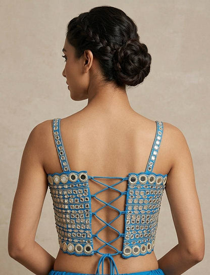 Sky Blue Mirror Work Designer Corset Blouse