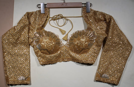 Gold Sheer Sleeve Blouse with Tone-on-Tone Floral Embroidery