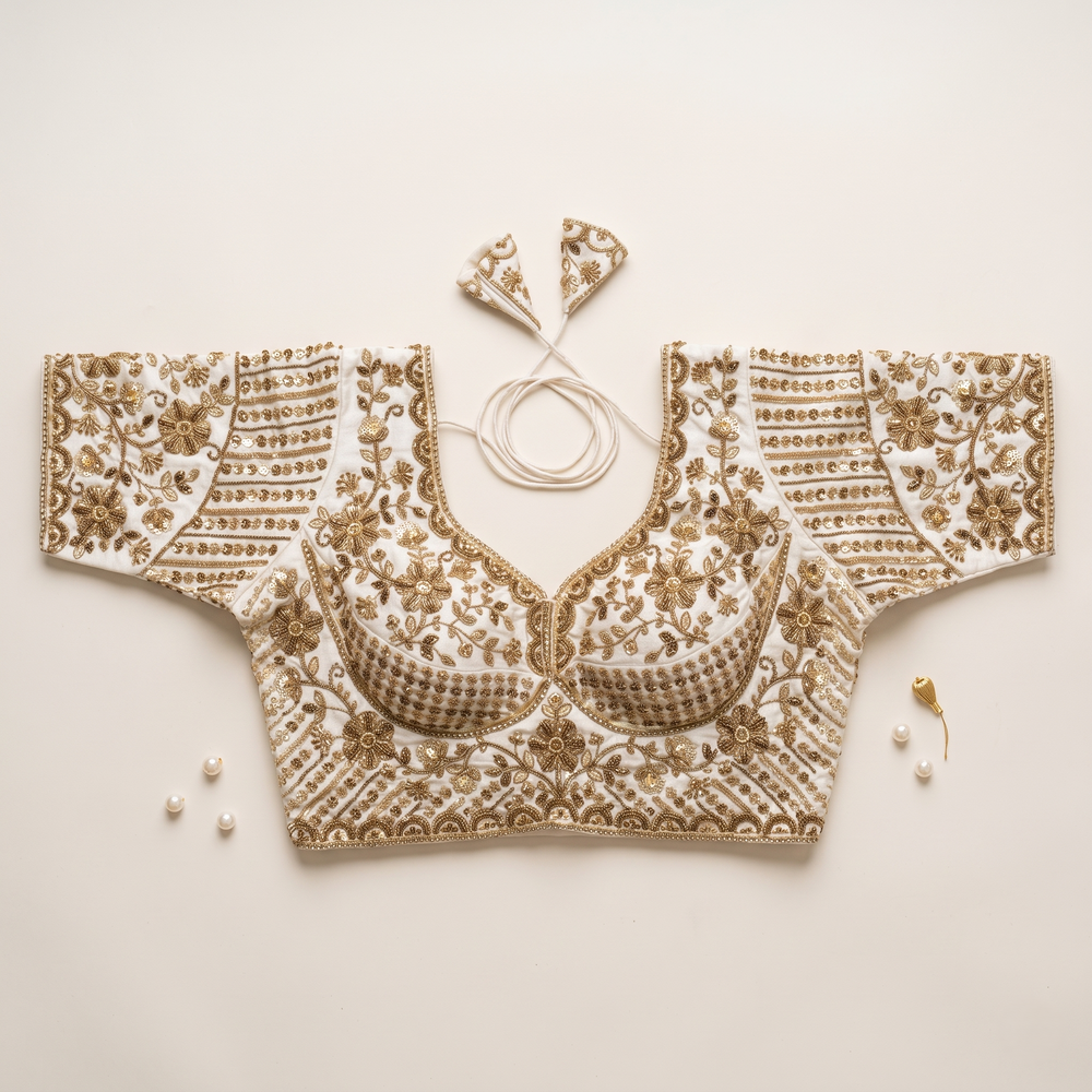 White Hand-Embroidered Zardozi & Sequin Bridal Blouse