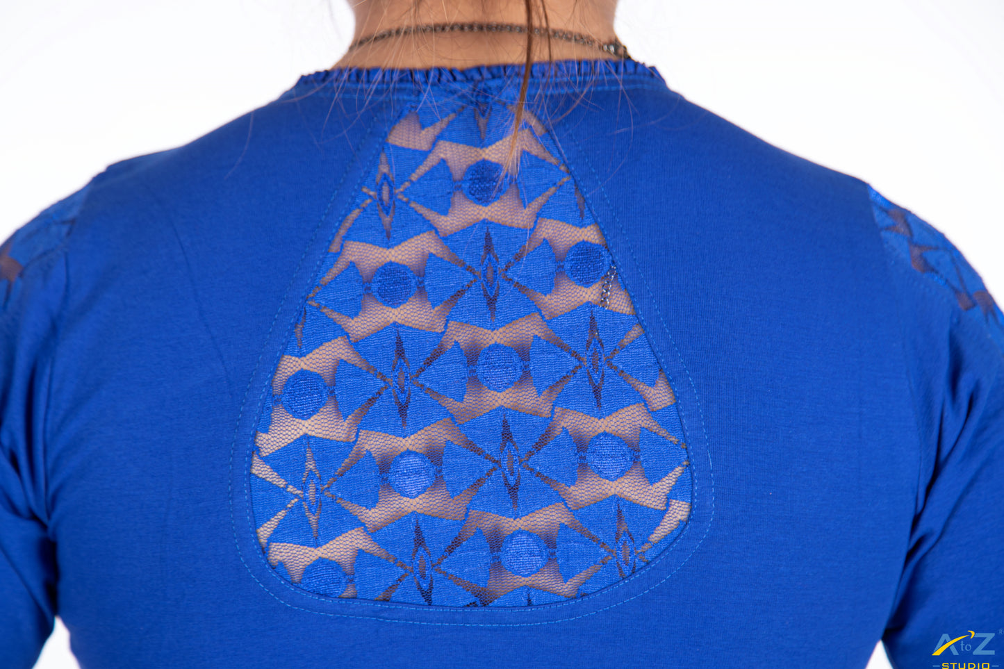 Royal Blue Cotton Lycra Blouse with Netted Flower Design