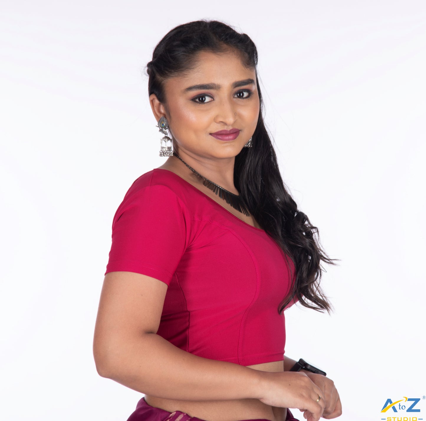 Magenta Polyester Lycra Plain Short Sleeves