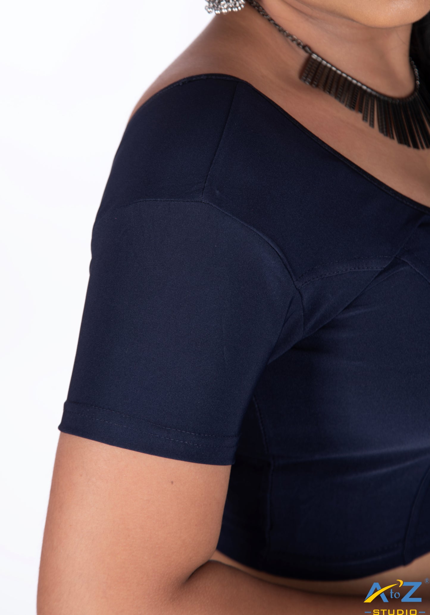 Navy Blue Polyester Lycra Plain Short Sleeves