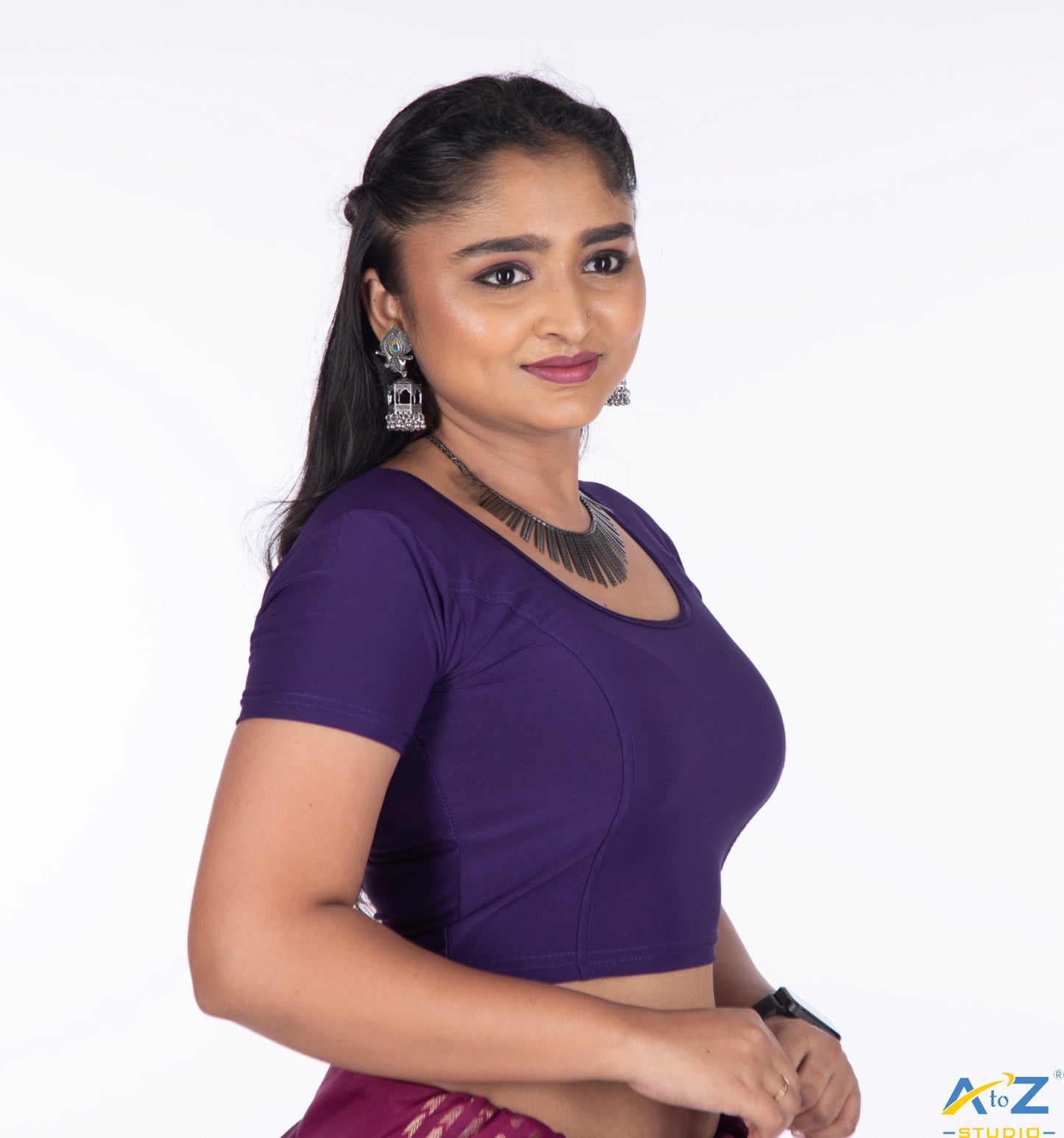 Purple Polyester Lycra Plain Short Sleeves