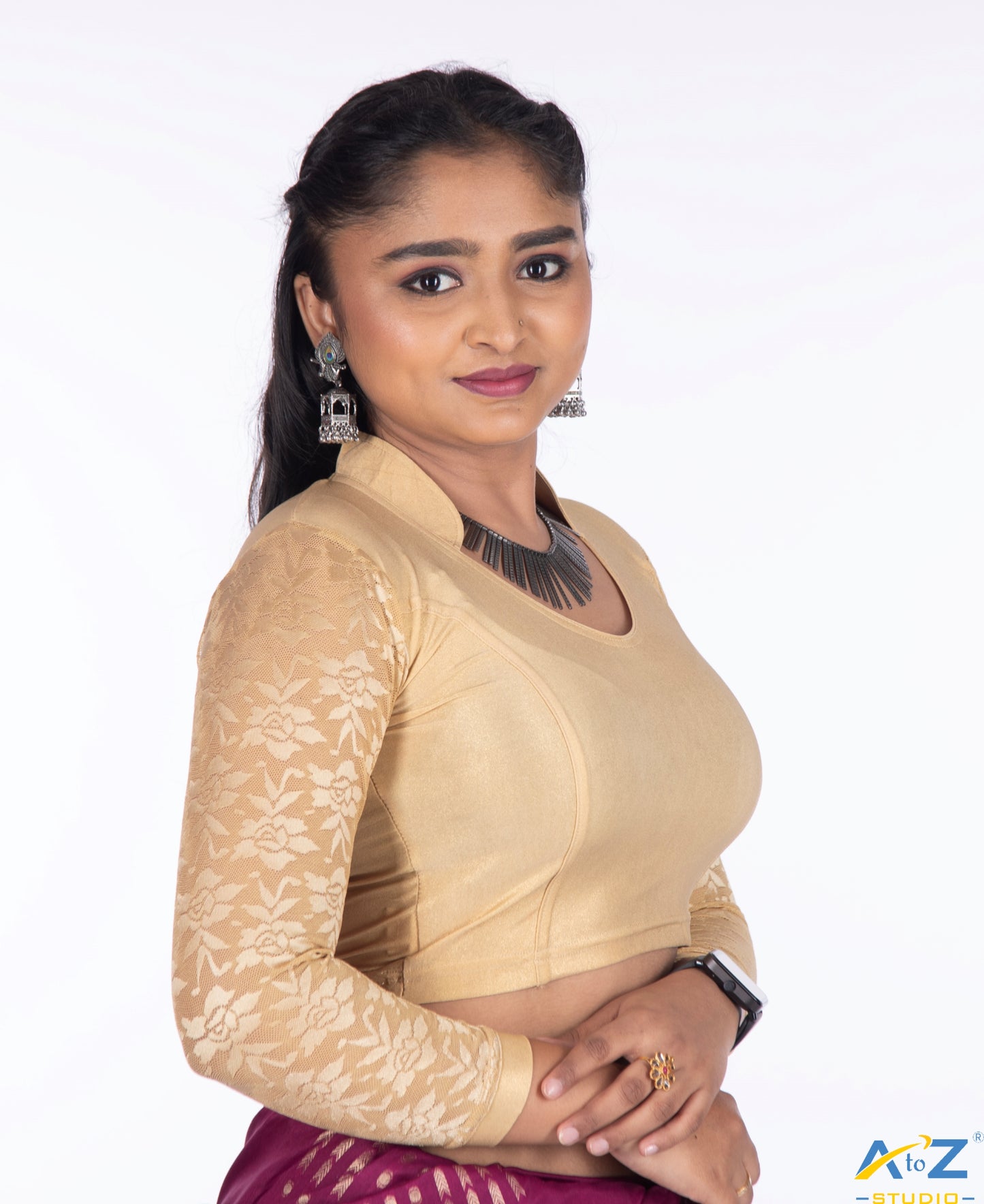 Gold Lycra Shimmer V-Neck Collar Design