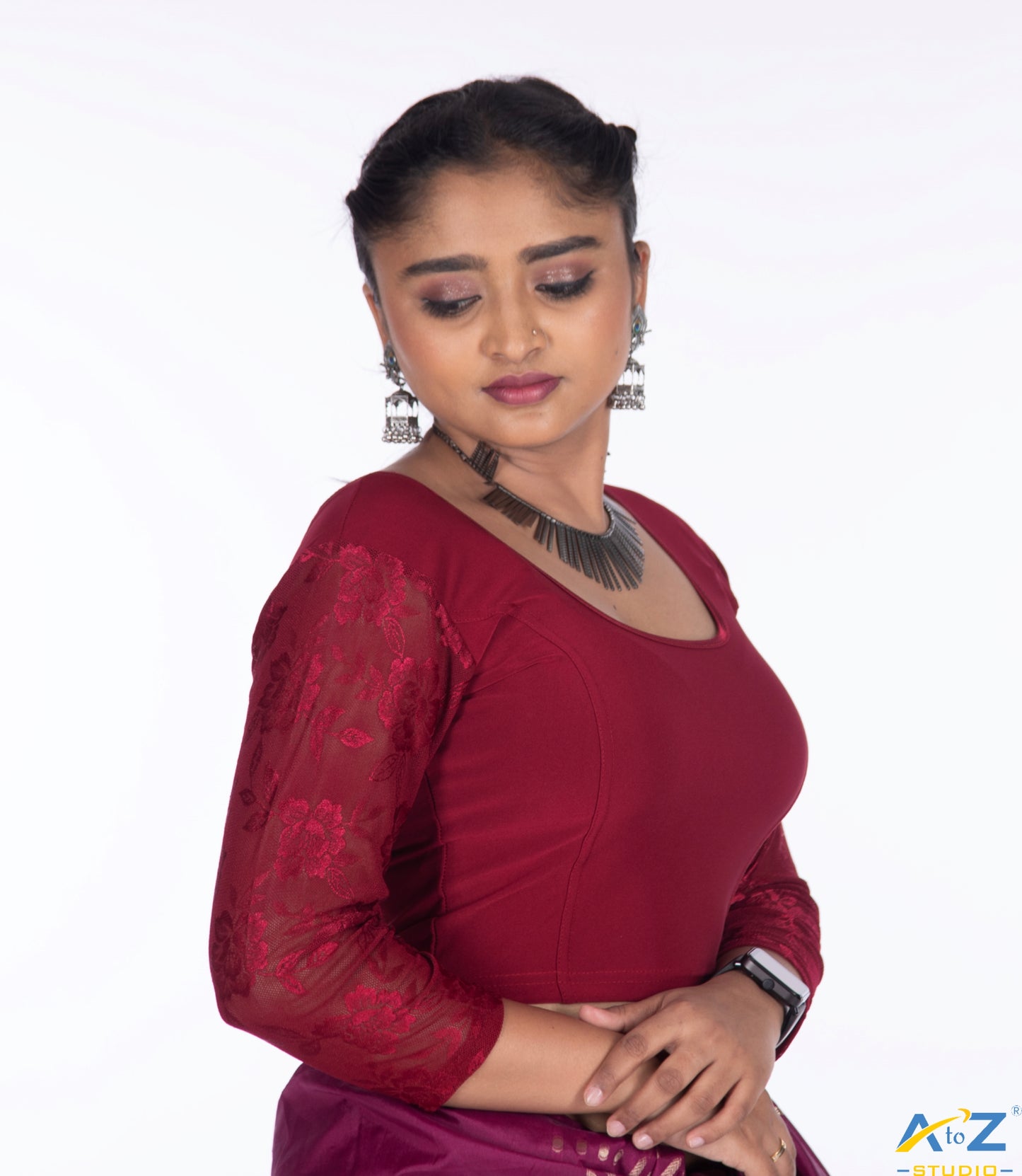 Maroon  Polyester Lycra Net Sleeve Flower Design