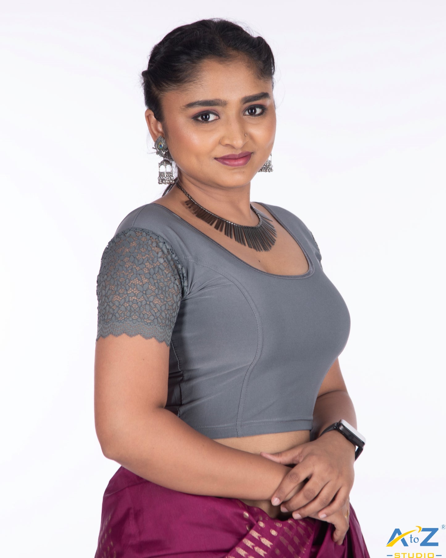 Grey Polyester Lycra Net Short Sleeves