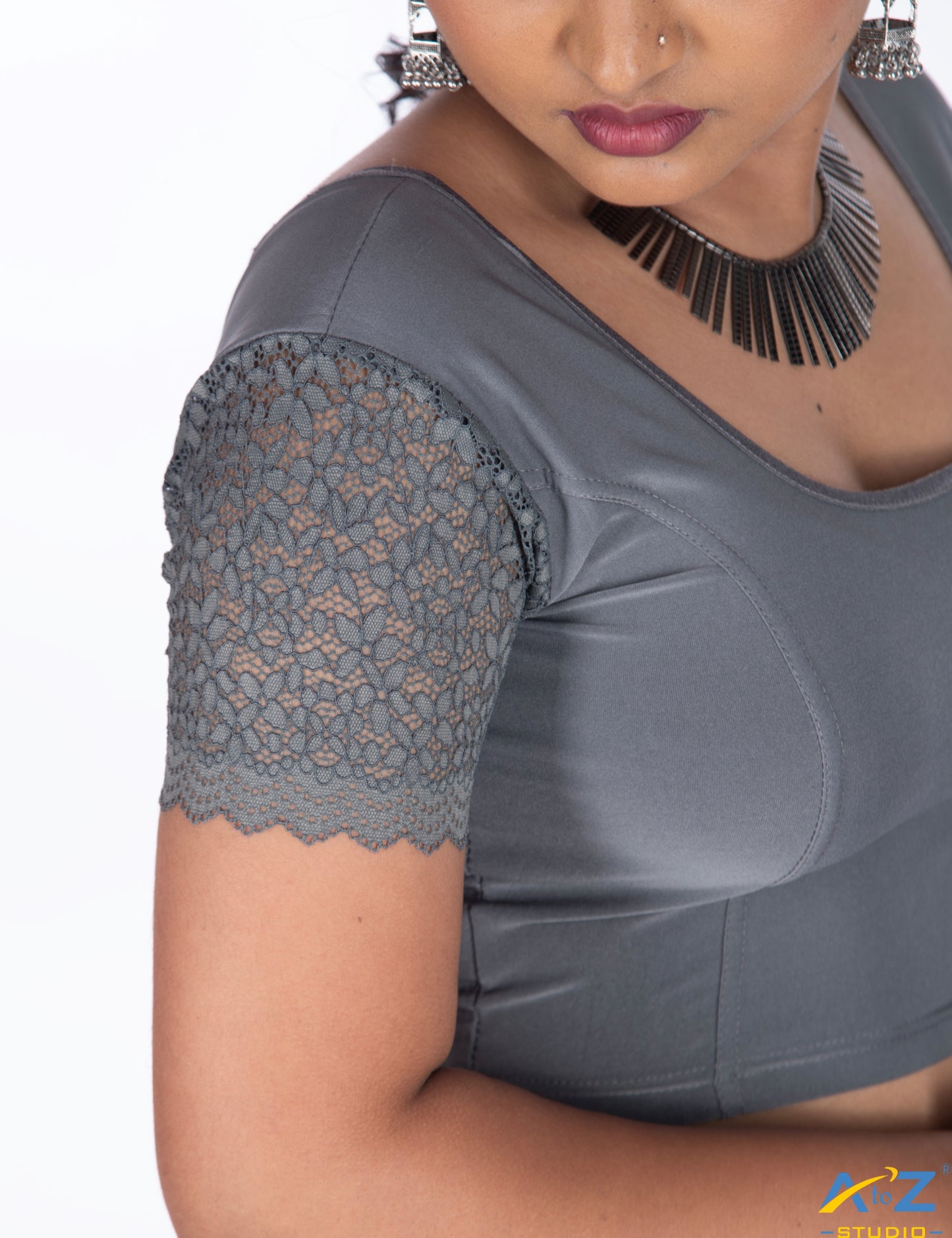 Grey Polyester Lycra Net Short Sleeves
