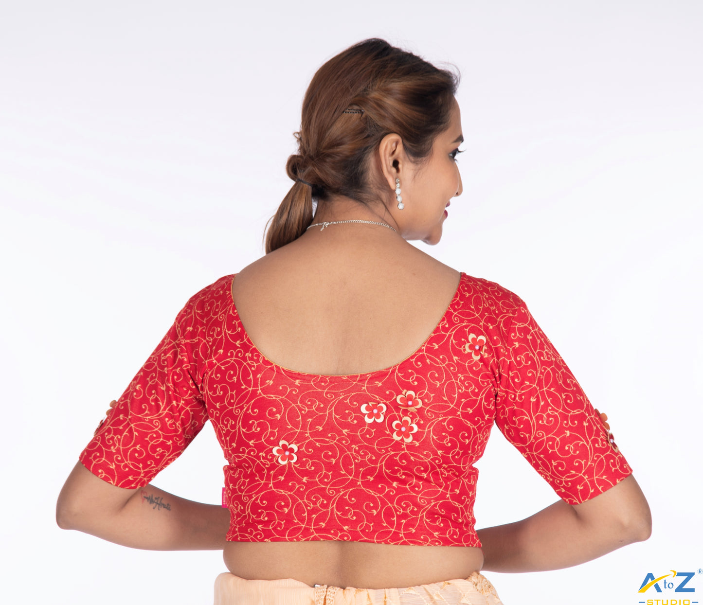Red Nylon Lycra Blouse with Applique Flowers