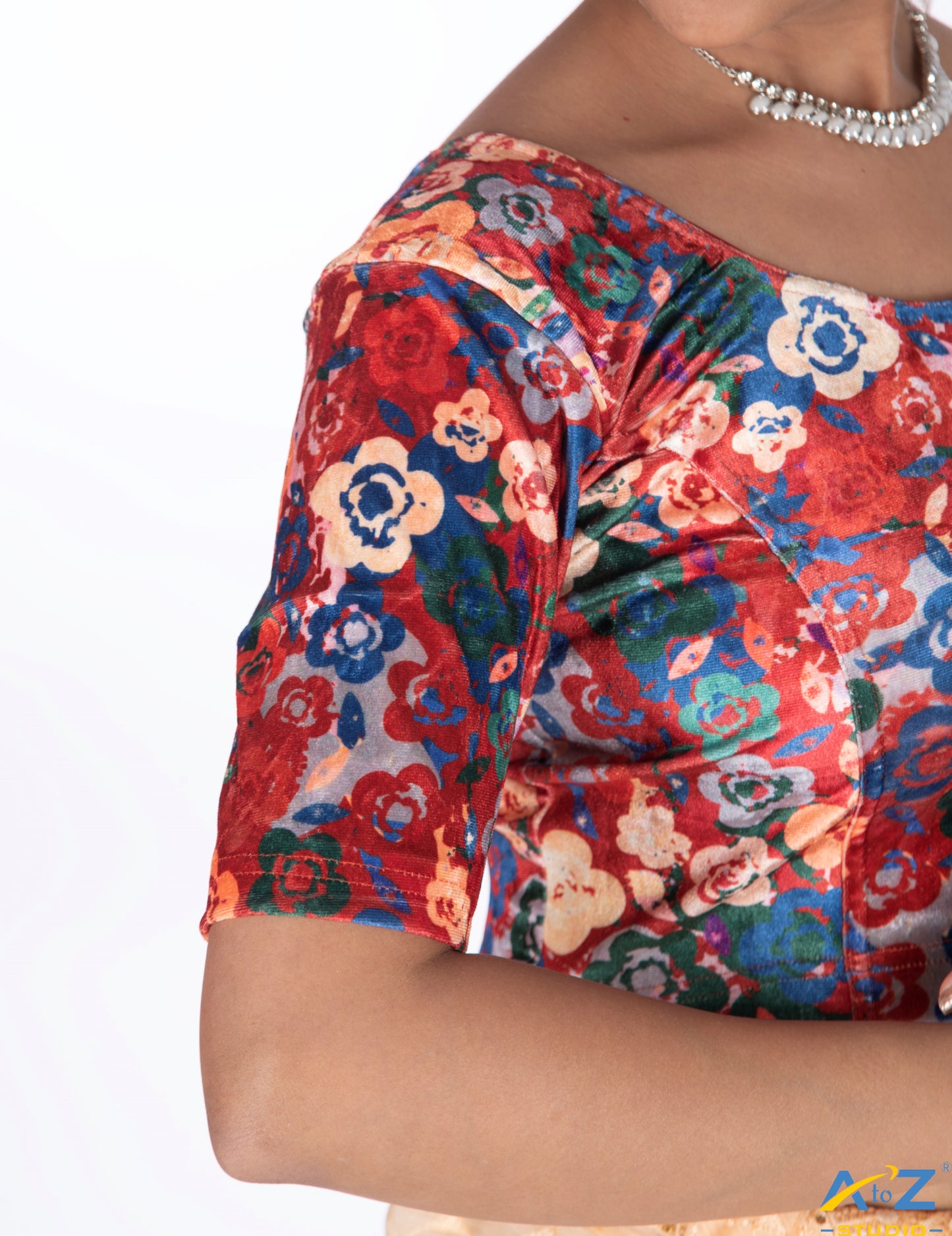 Red Velvet Multi Flower Design Elbow Sleeve Blouse