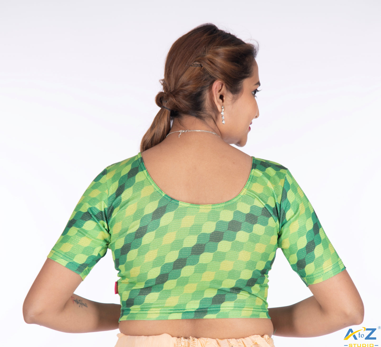 Green Nylon Lycra Cross Check Multi Print Blouse