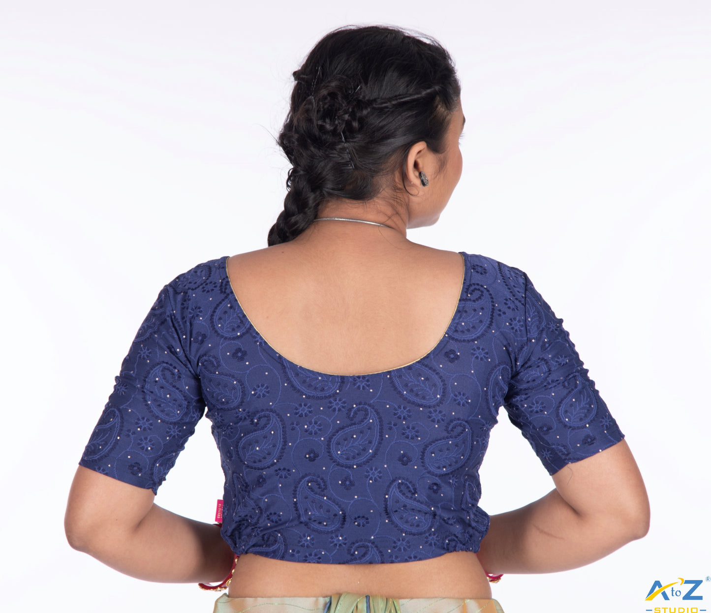Navy Blue Synthetic Lycra Chikankari Elbow Sleeve Blouse