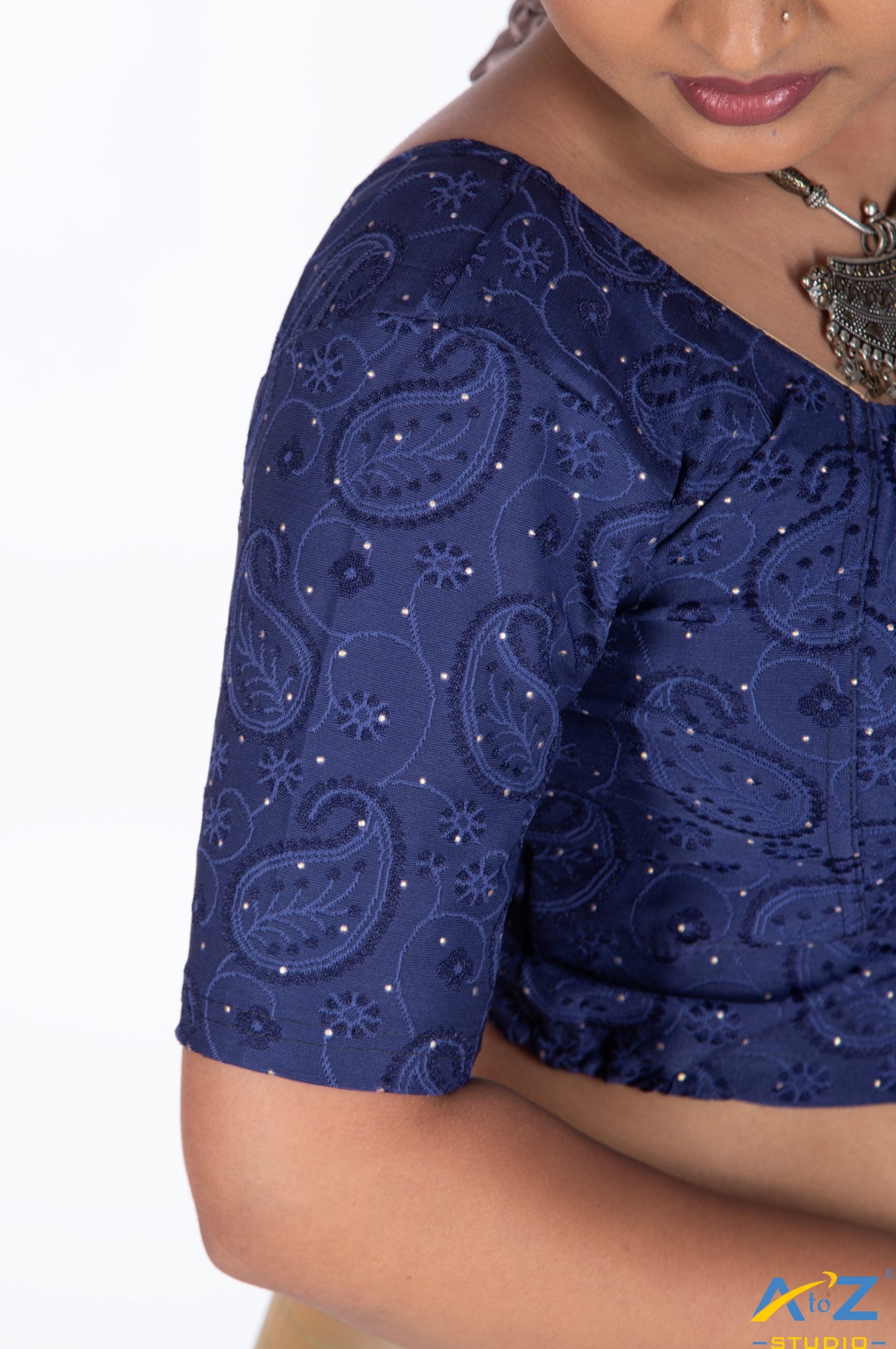 Navy Blue Synthetic Lycra Chikankari Elbow Sleeve Blouse