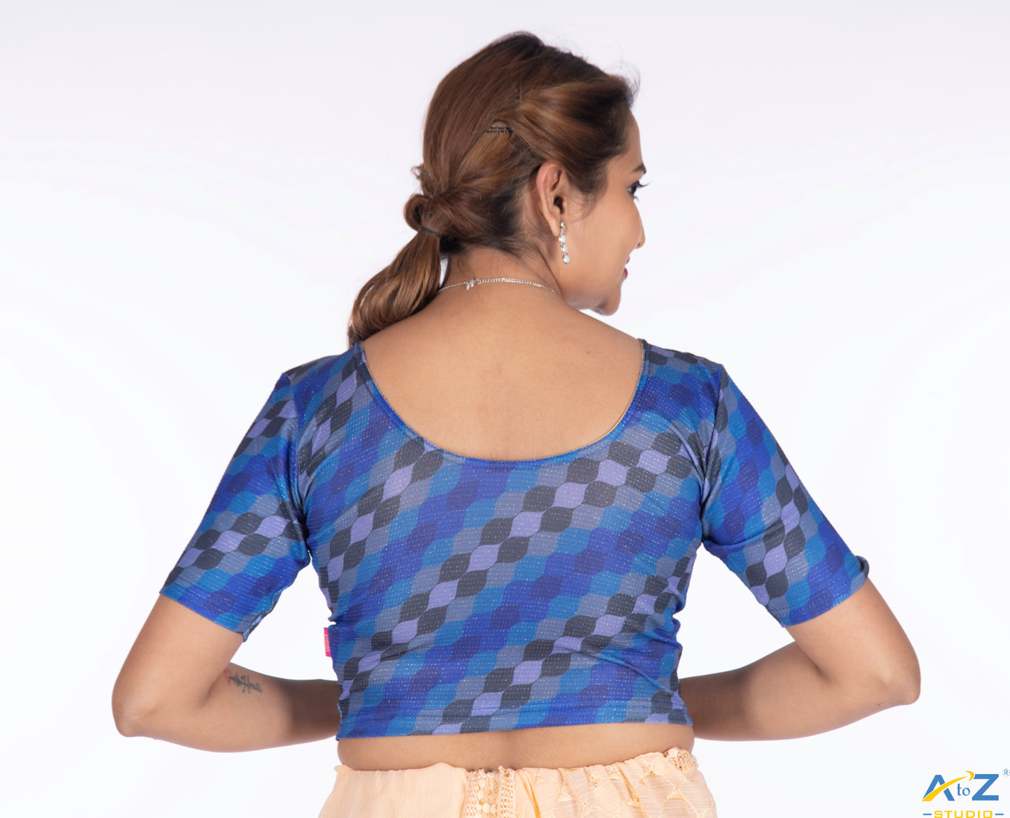 Royal Blue  Nylon Lycra Cross Check Multi Print Blouse