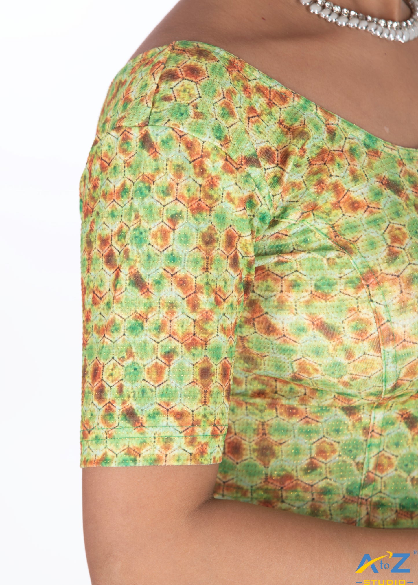 Green  Nylon Lycra Hexagonal Multi Print Blouse