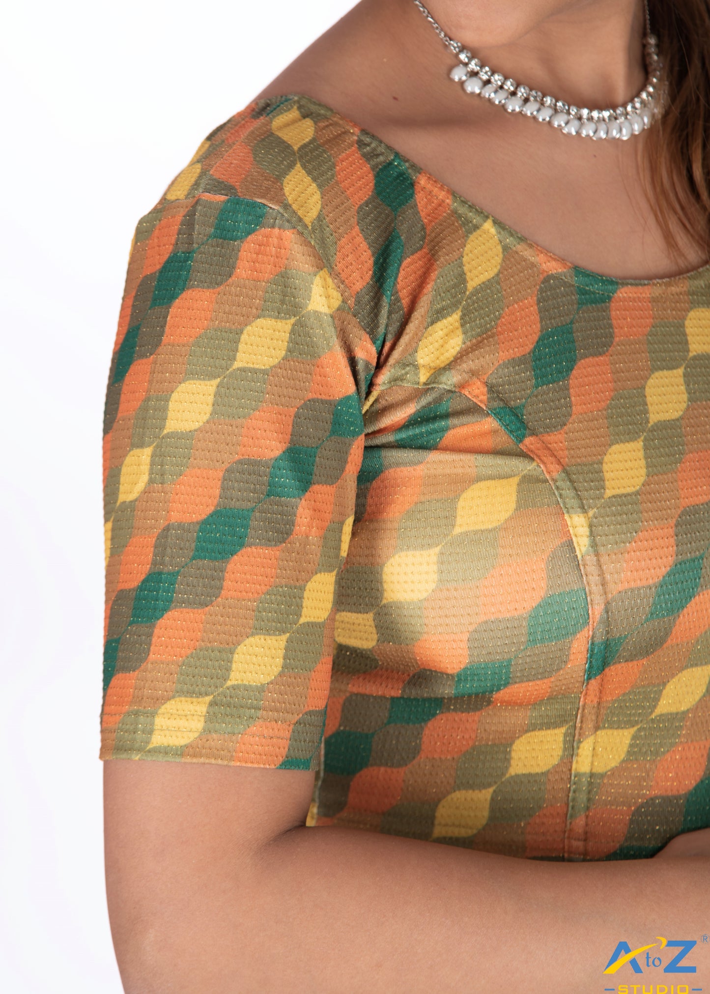 Mehendi Nylon Lycra Cross Check Multi Print Blouse