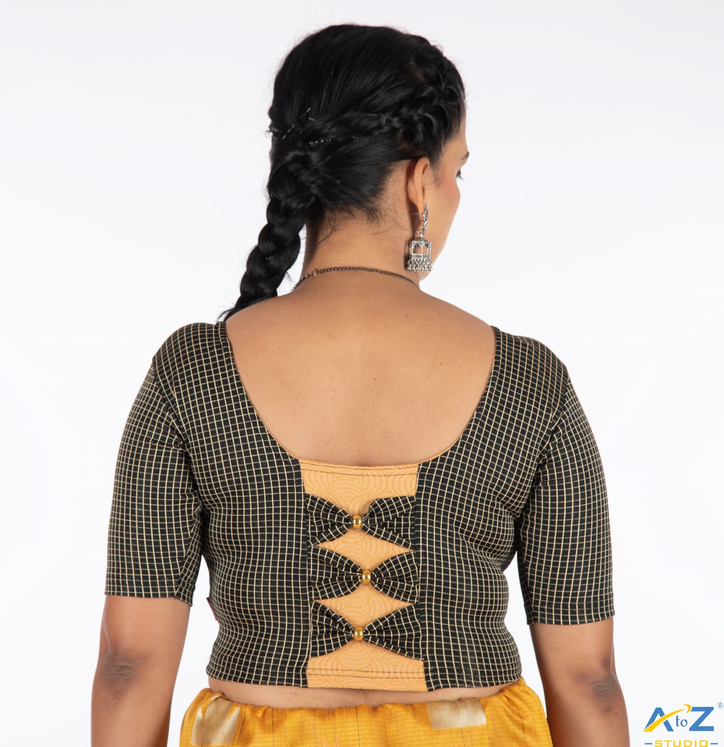 Black Cotton Lycra Blouse with Micro Checks