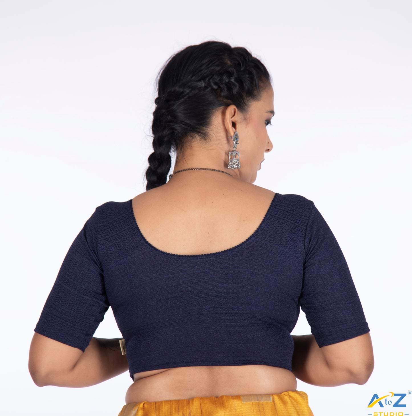 Navy Blue  Cotton Lycra Round Neck Blouse