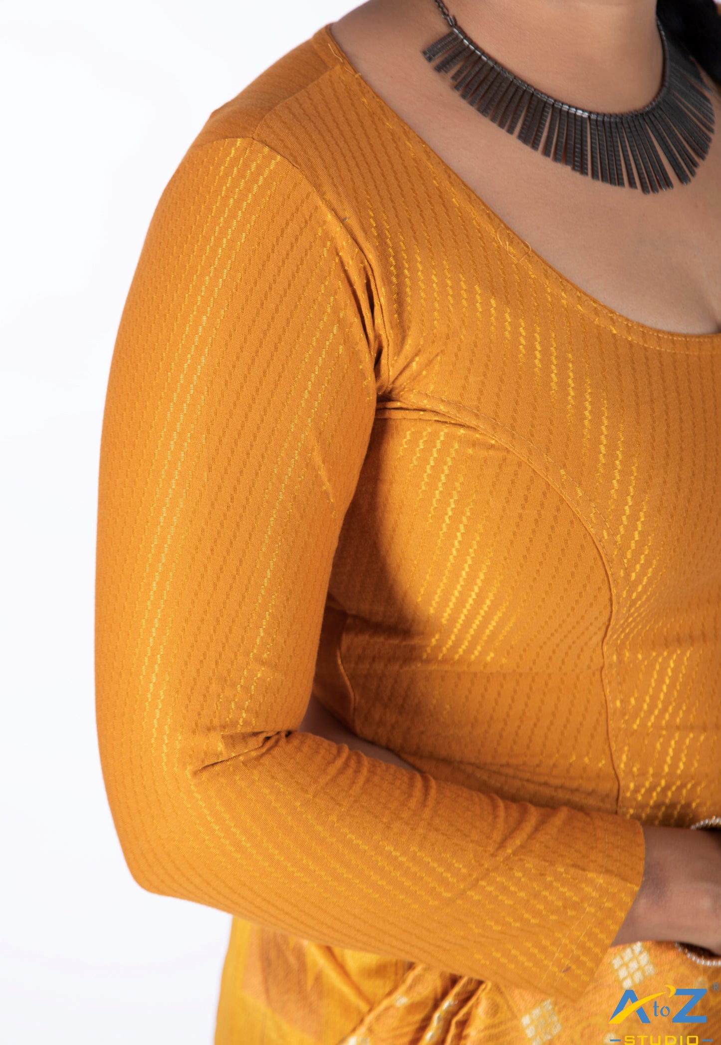 Mustard Cotton Lycra Blouse with Shiny Cross Lines