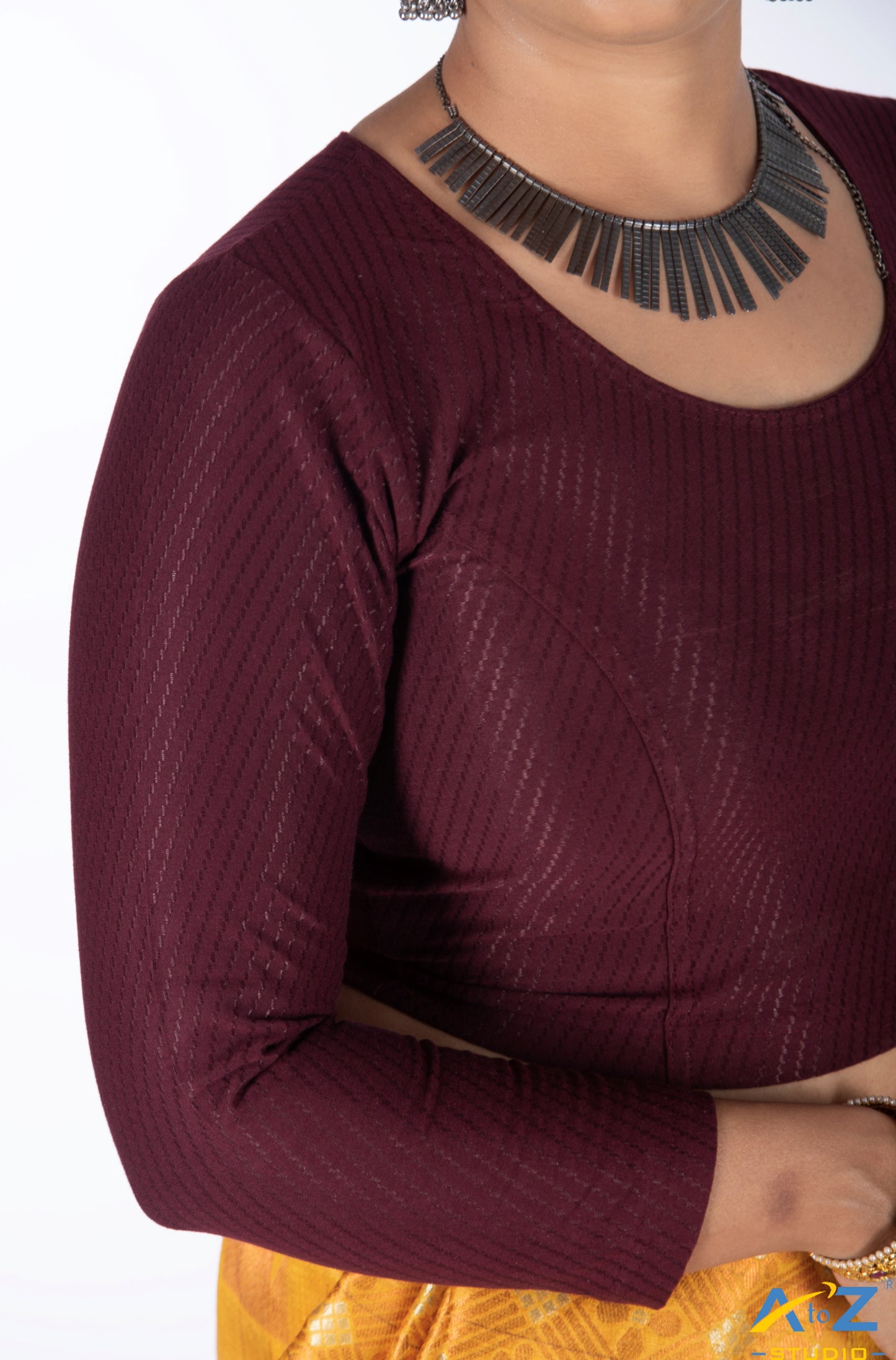 Maroon Cotton Lycra Blouse with Shiny Cross Lines