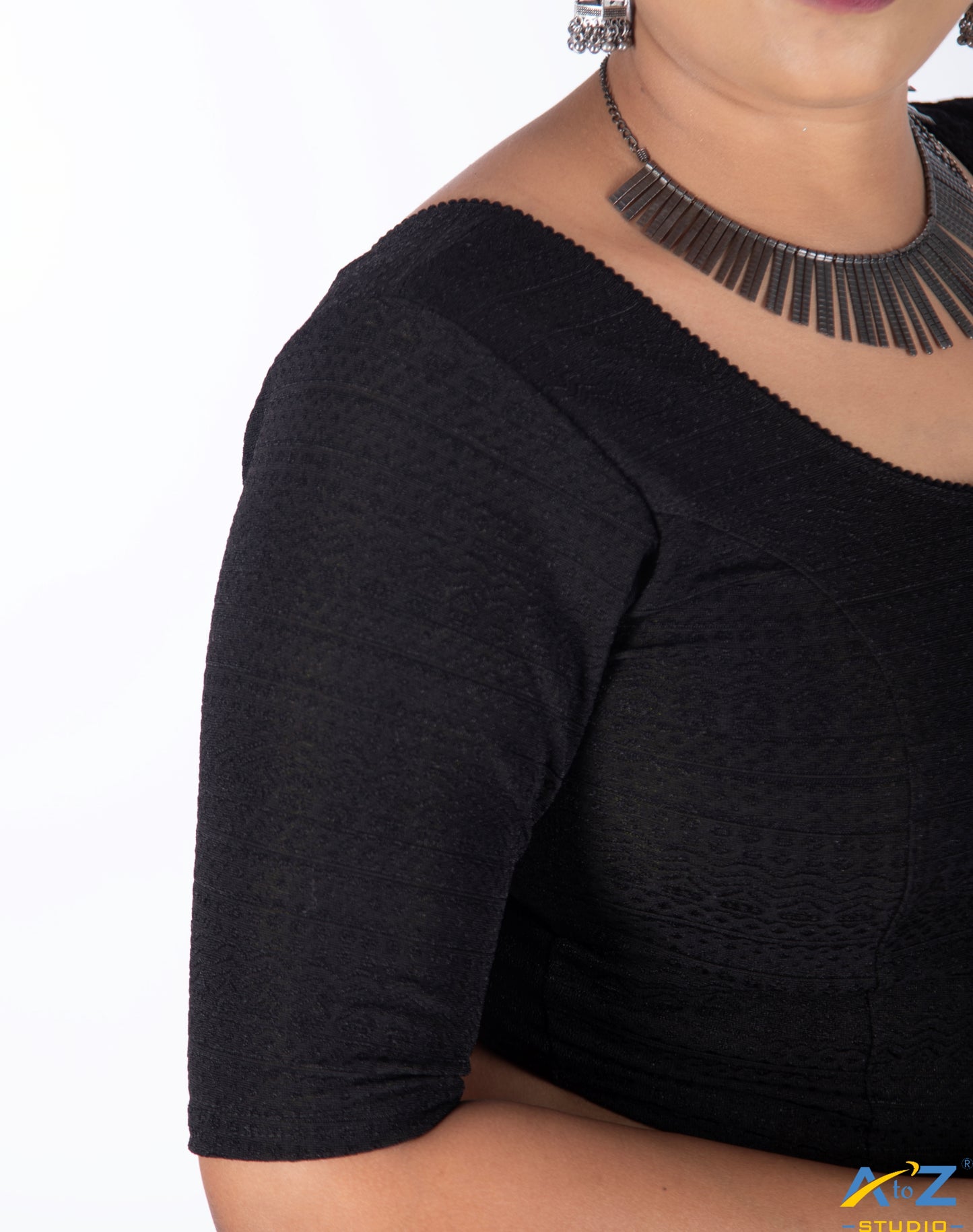 Black Cotton Lycra Round Neck Blouse