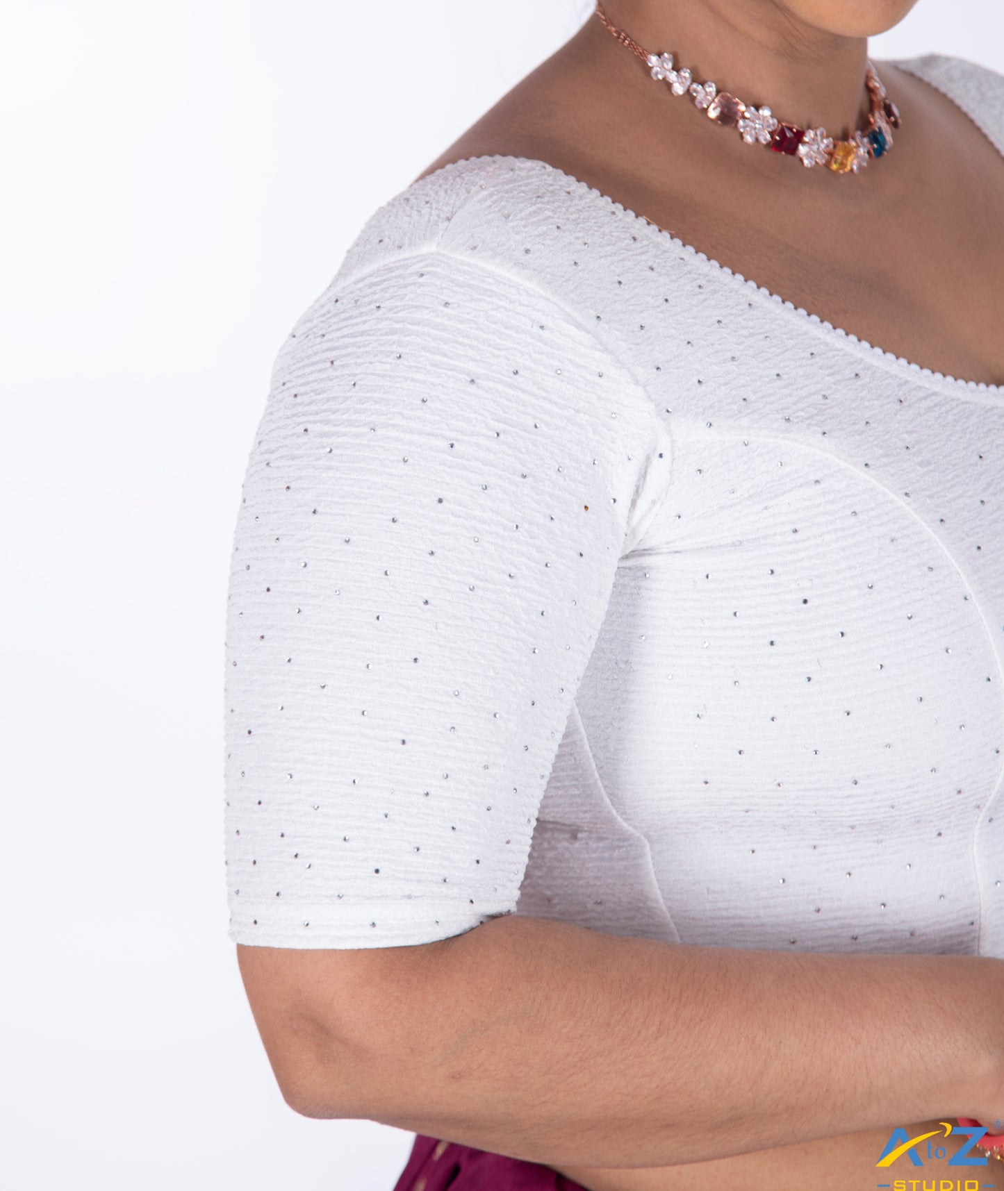 White Crush Fabric Tissue Stone Work Blouse