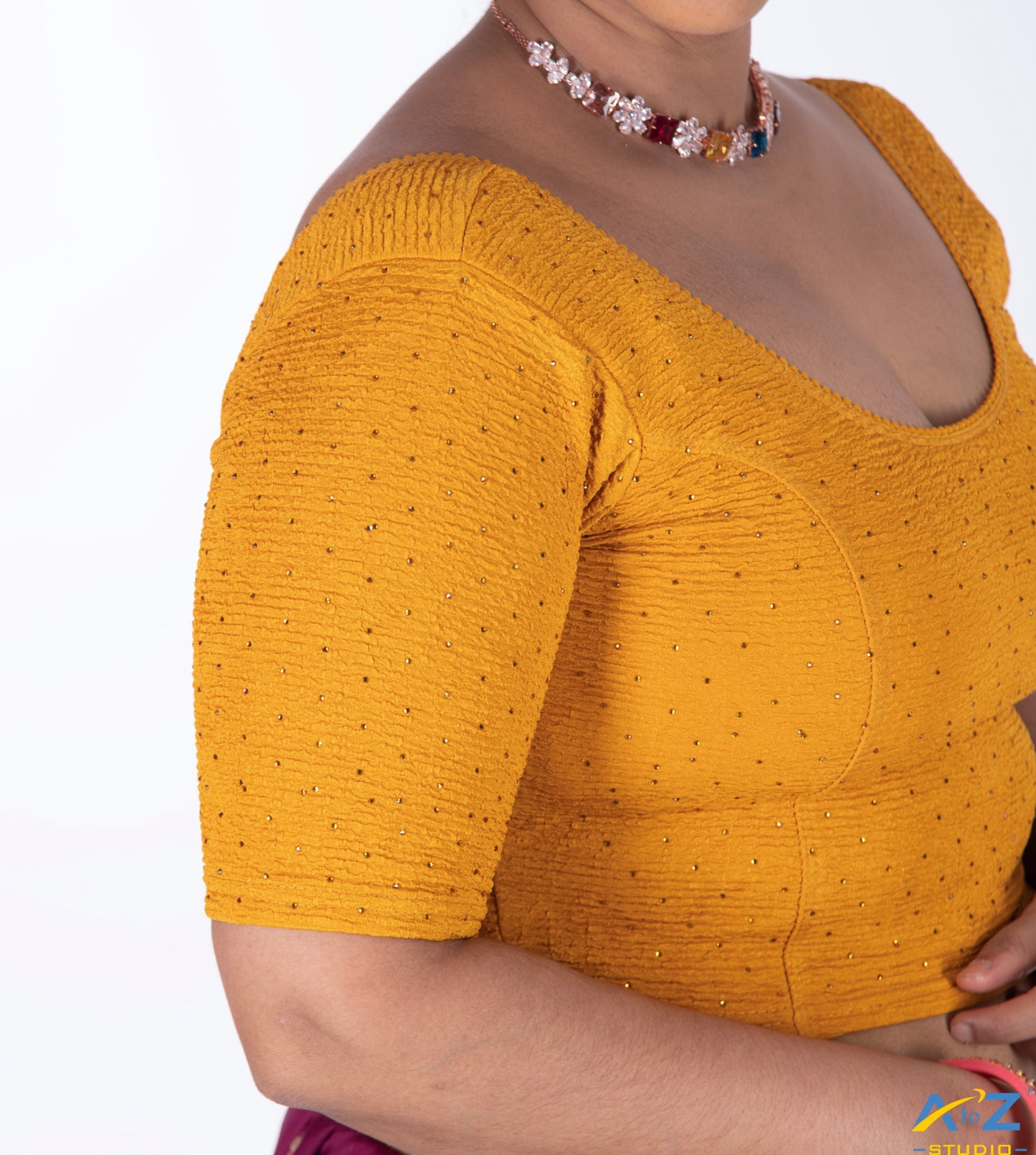 Yellow Crush Fabric Tissue Stone Work Blouse