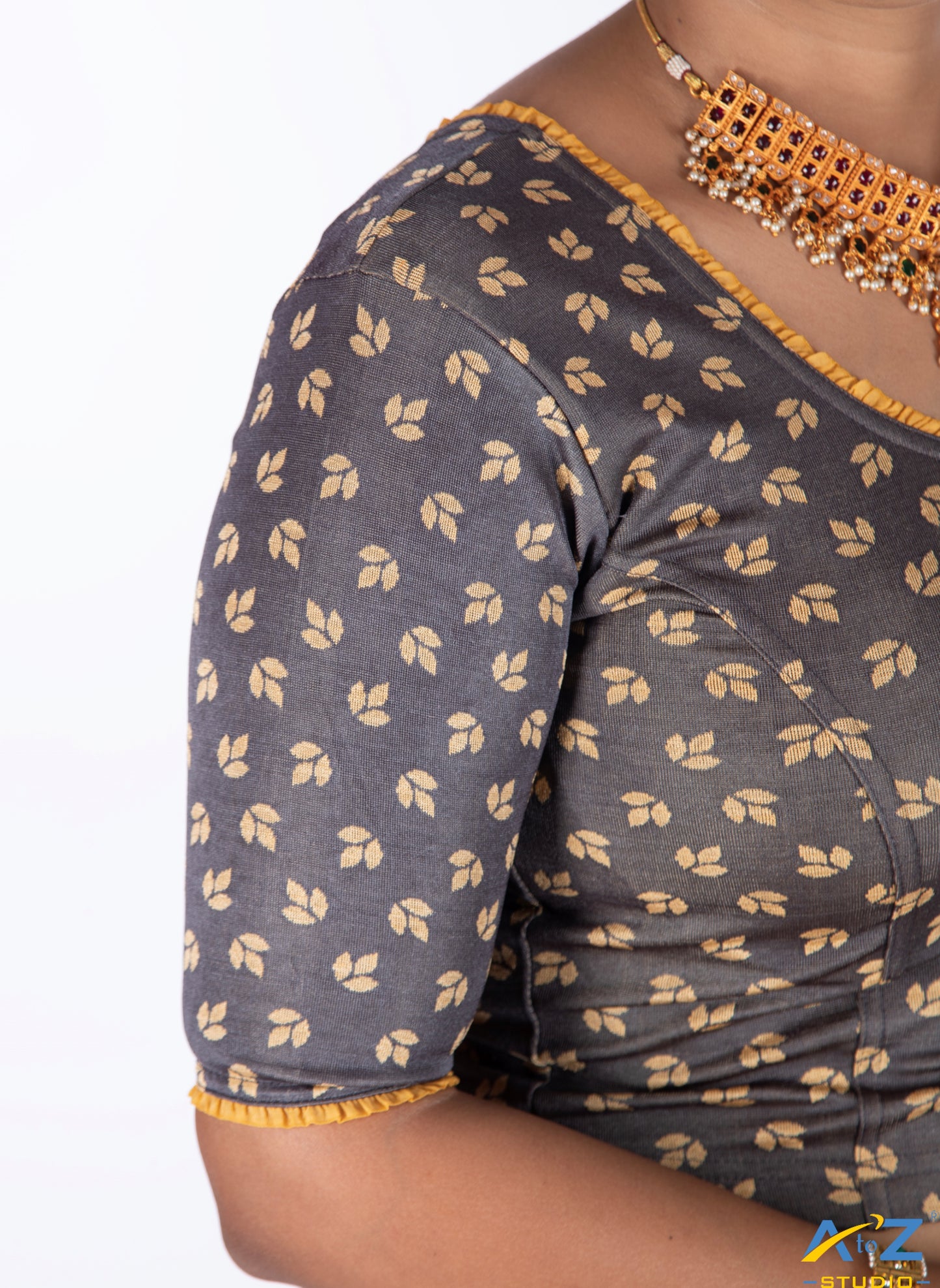 Grey Nylon Lycra Leaf Design Elbow Sleeve Blouse