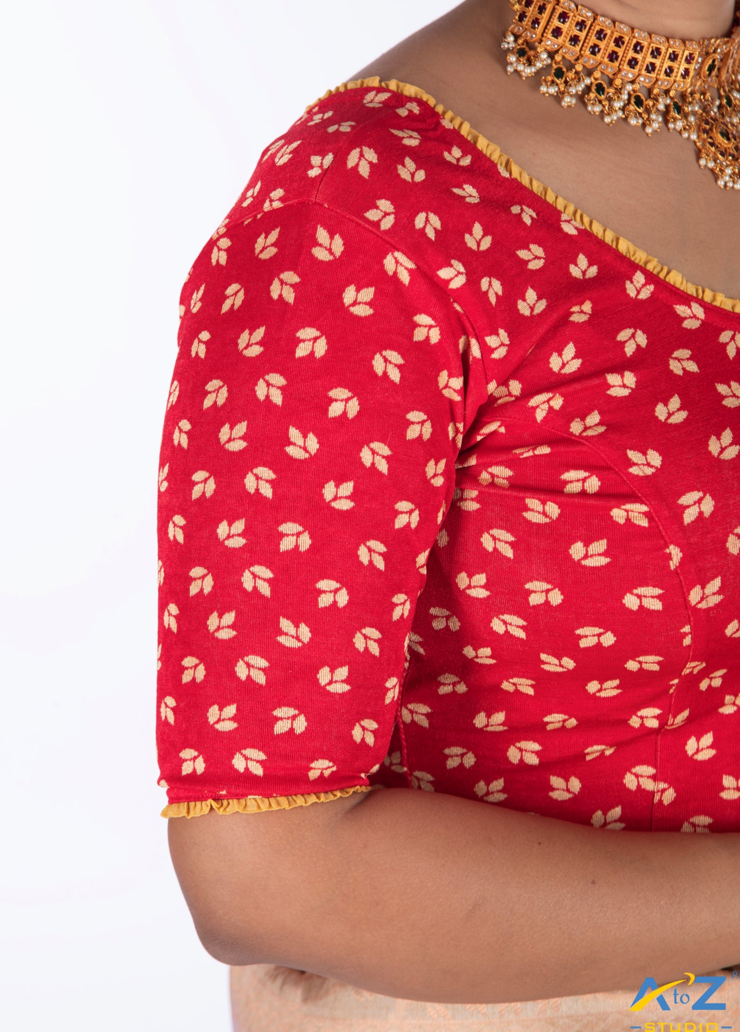 Red  Nylon Lycra Leaf Design Elbow Sleeve Blouse