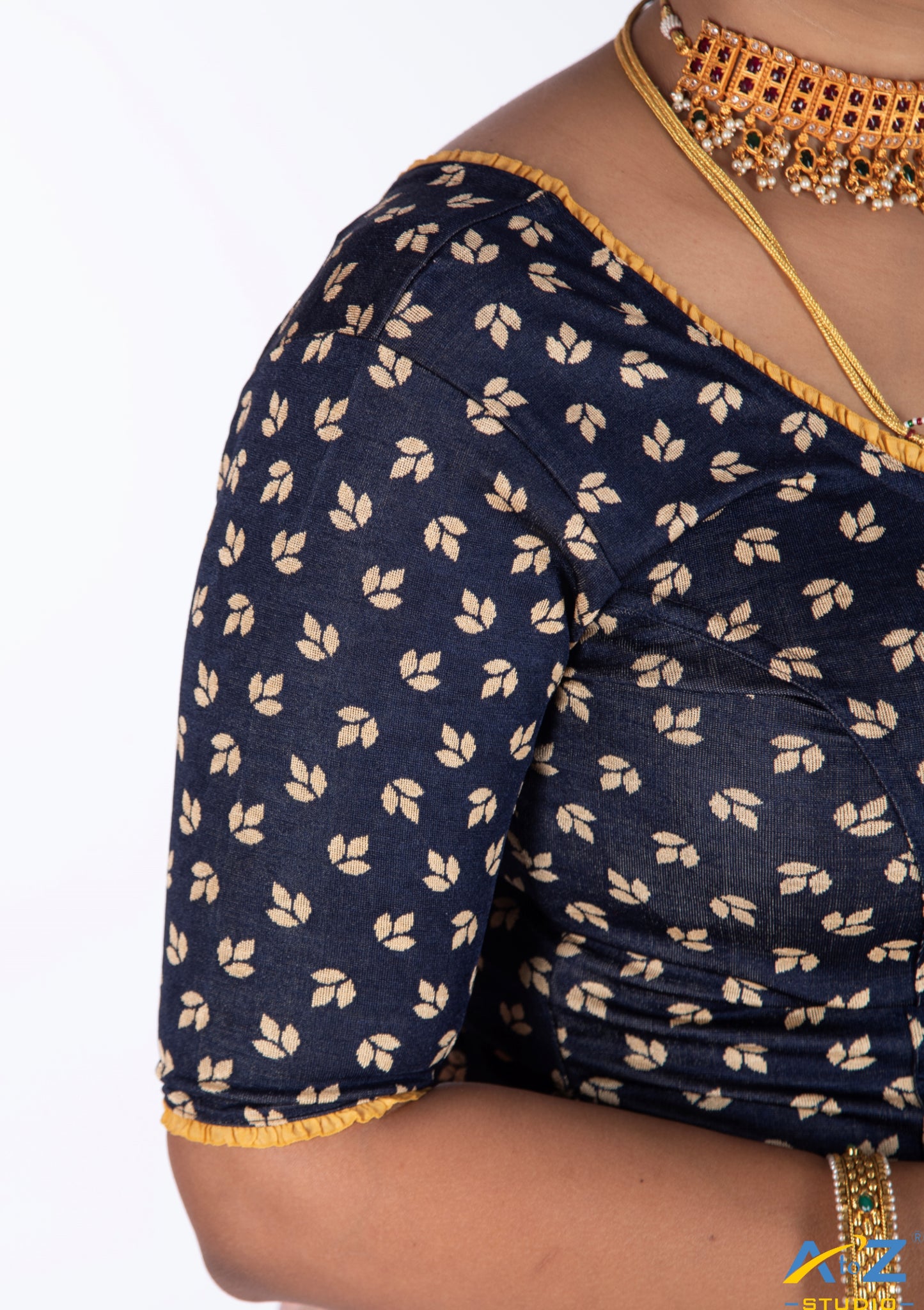 Black Nylon Lycra Leaf Design Elbow Sleeve Blouse