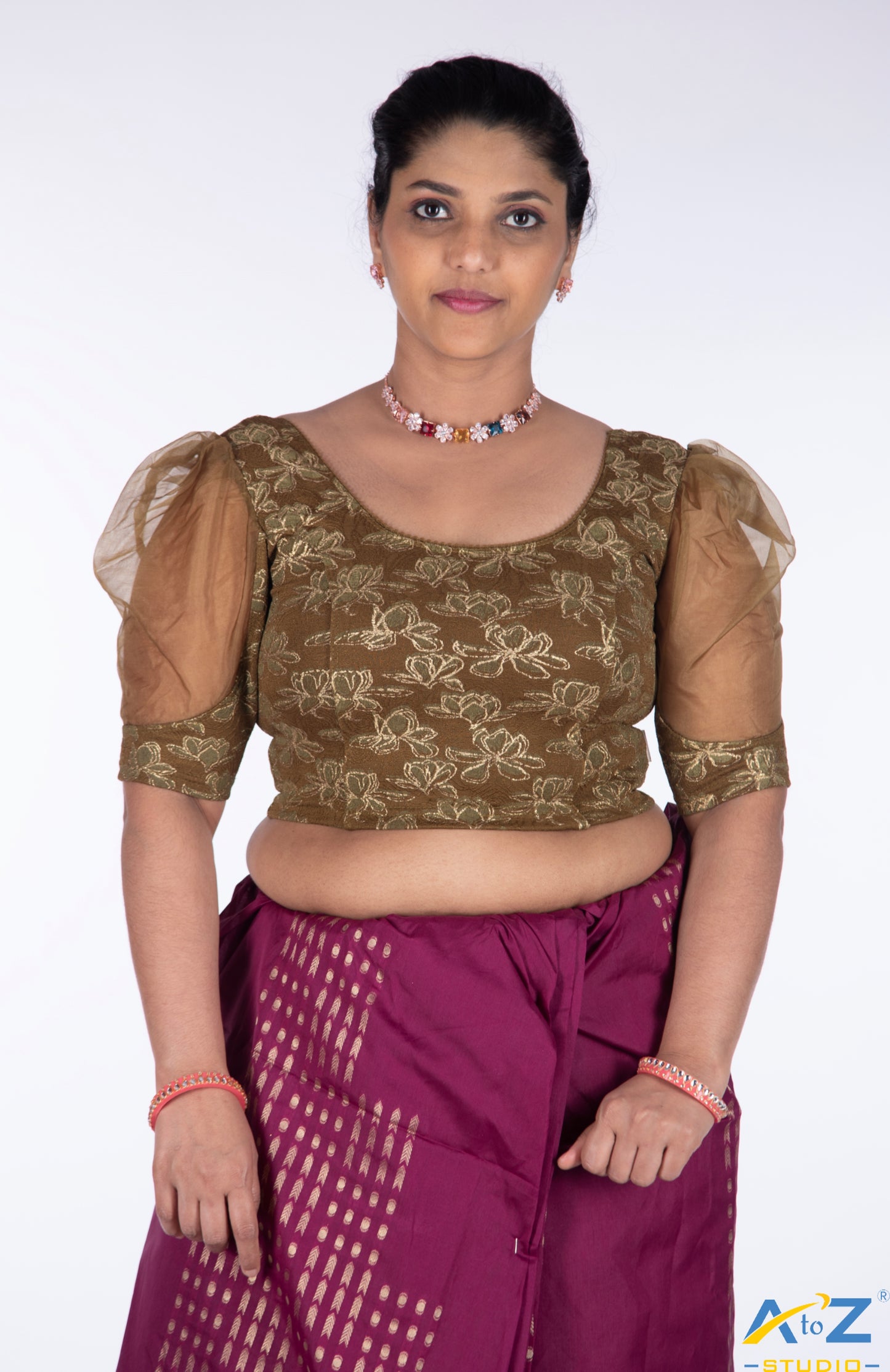 Olive  Cotton Lycra Lotus Print Blouse