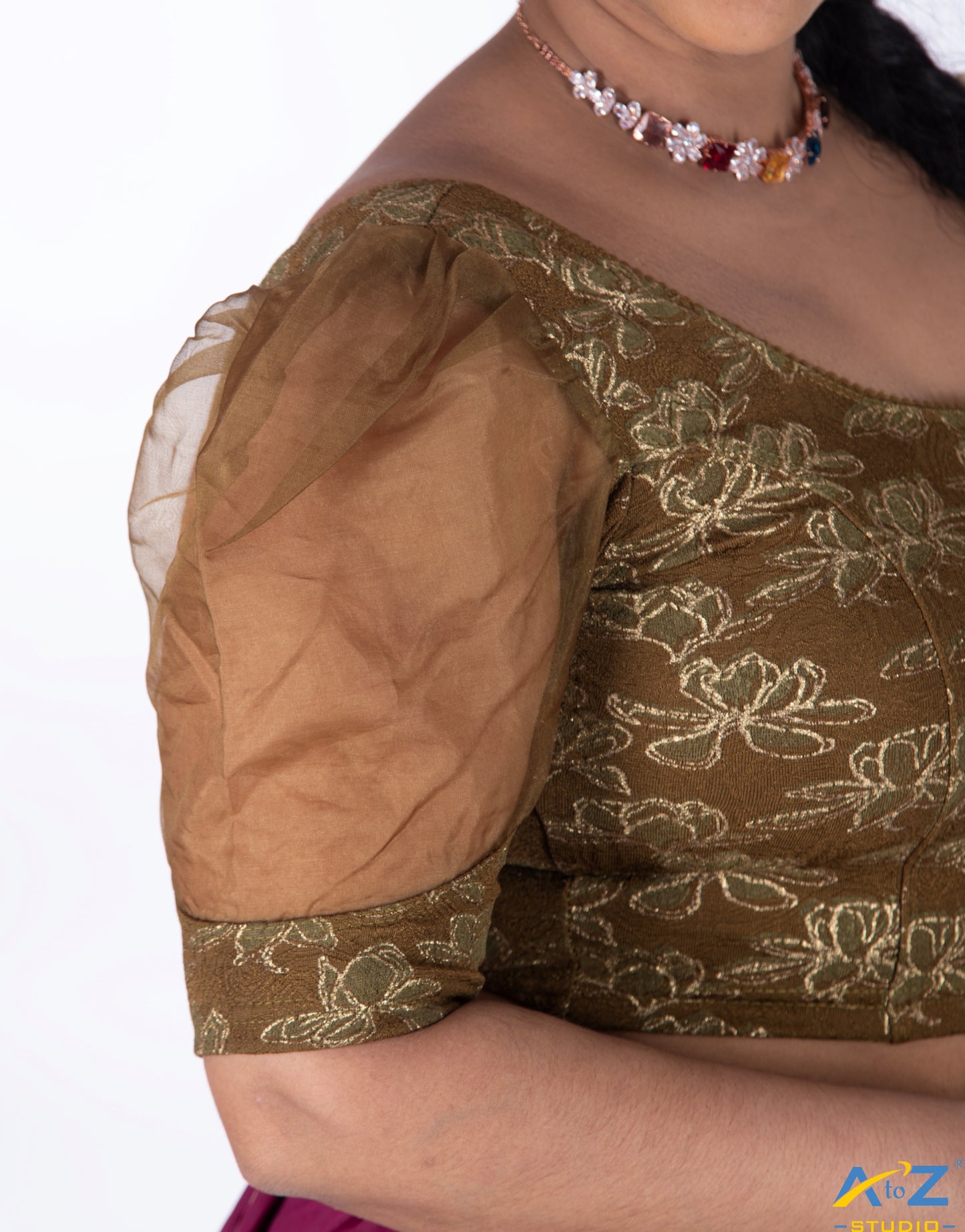 Olive  Cotton Lycra Lotus Print Blouse