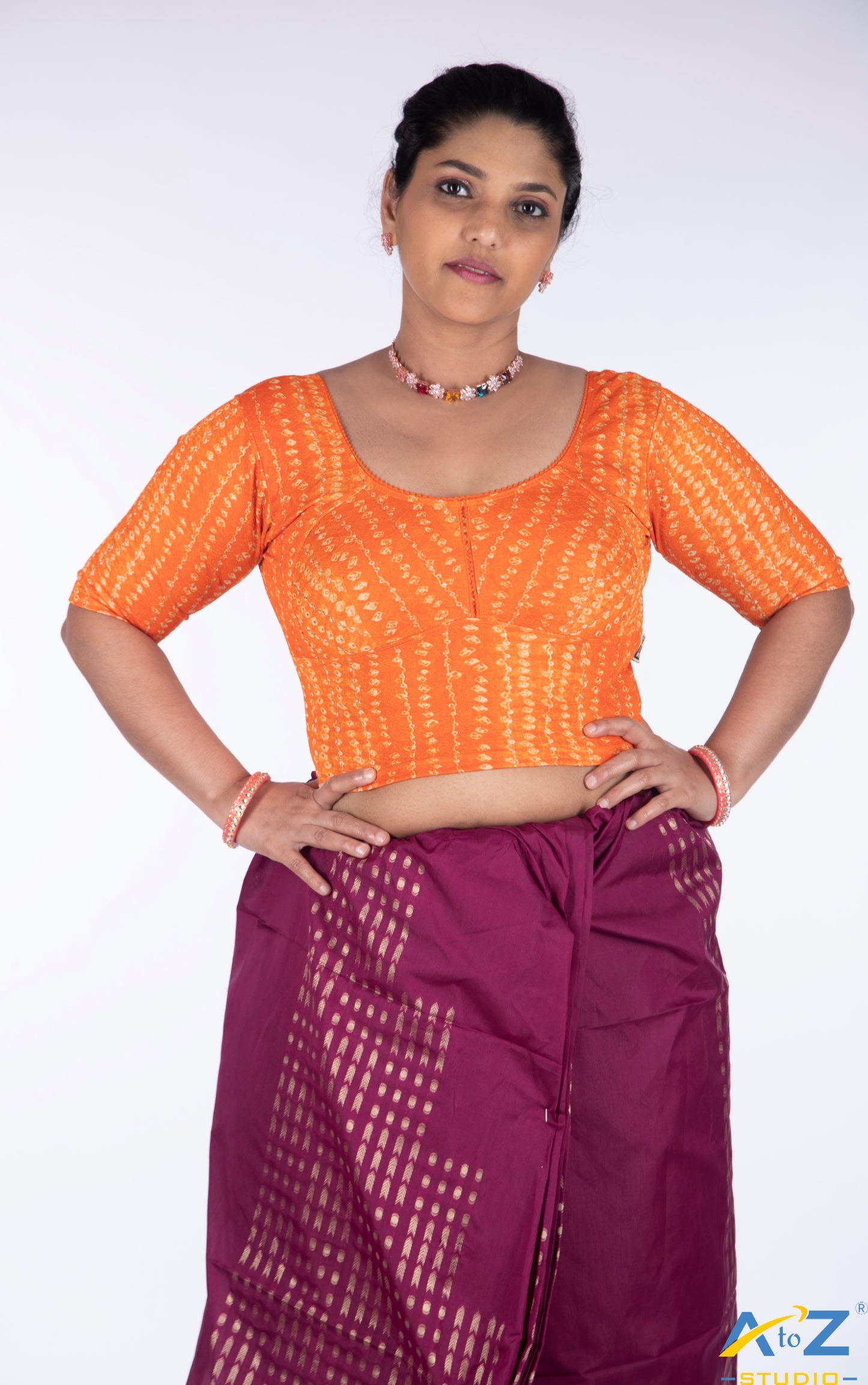 Orange Cotton Lycra Bandhni Print Blouse